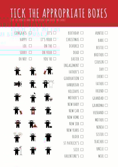 Tick the box ninja card created by Paul O'Connor