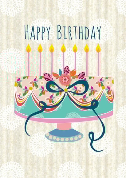 Pretty modern Happy Birthday card, featuring a floral cake with candles. created by Laura Darrington Design Ltd.