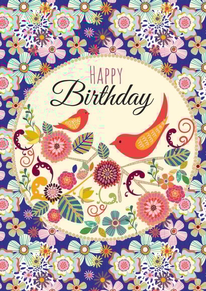 Pretty Happy Birthday Card - Colourful Florals and Birds created by Laura Darrington Design Ltd.