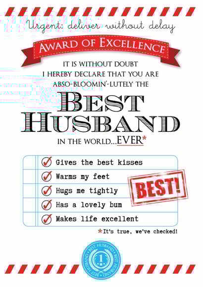 Cute Birthday Card - Husband - Award Of Excellence - Best Husband In The World Ever created by Eskimo Kiss Designs