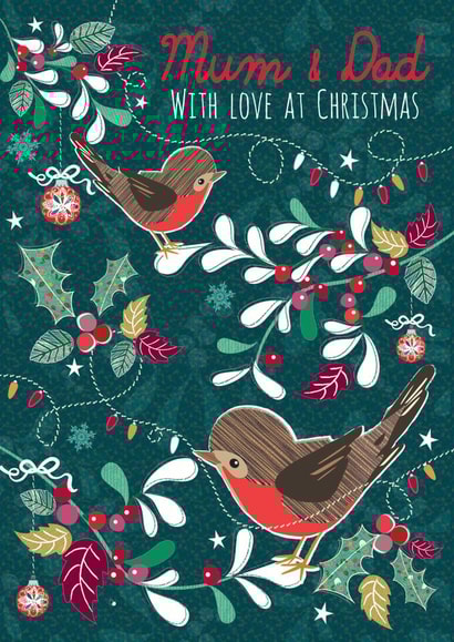 Modern/Contemporary Mum & Dad at Christmas Card, featuring a festive Robins. created by Laura Darrington Design Ltd.