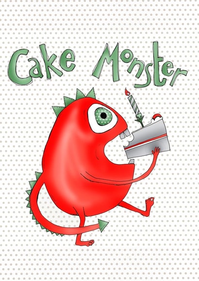 Cake monster birthday card created by Ryland Studios