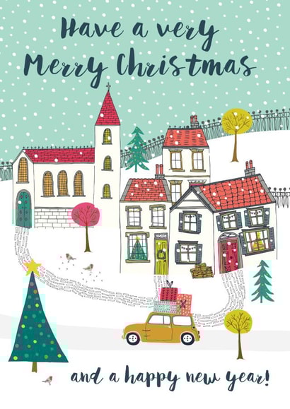 A snowy village Christmas card created by Jessica Hogarth