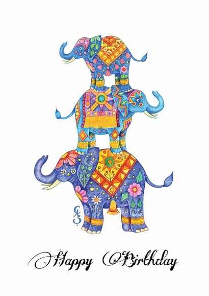 Birthday card with richly decorated elephants created by Cathy Simpson