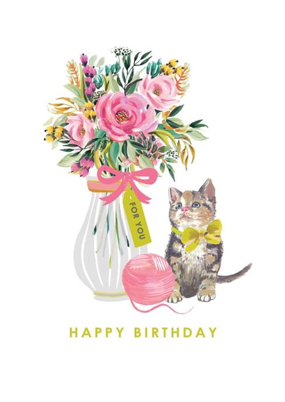 Classic Birthday Card - Pretty Flowers - Cat With Bow - Cute created by Louise Tiler