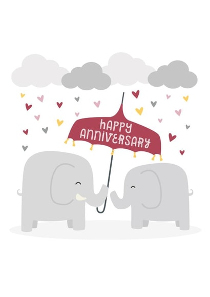 Cute Elephant Raining Hearts Anniversary Card - Umbrella - Elephants - Happy Anniversary created by Wink Design - Michelle Roberts