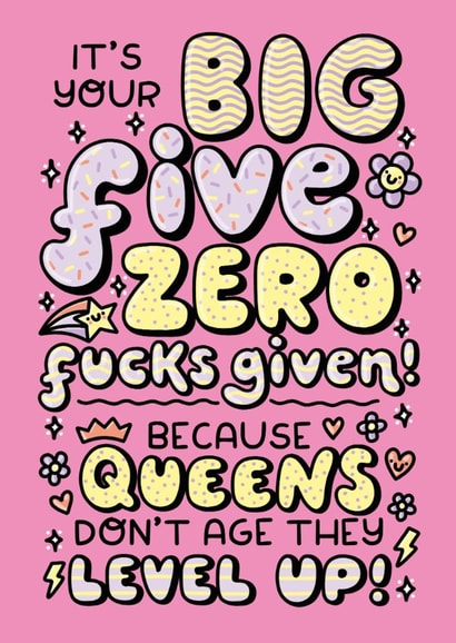 Funny 50th Birthday card for her. Cute and sweary quote. Your big five zero. created by Katie Ruby Illustration