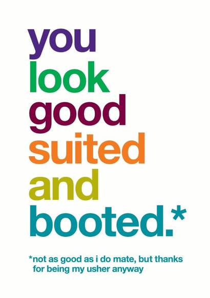 You look good suited and booted - Funny usher thank you card - wedding created by Wordplay Design