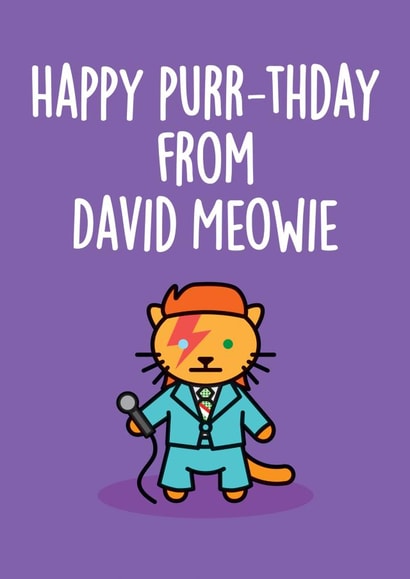 Cute David Bowie Birthday Card - David Meowie - Happy Purr-thday Cat created by Thirty Mussels