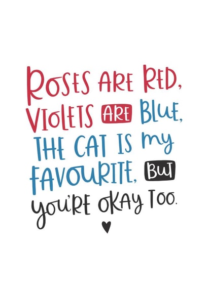 Cheeky Valentines Day Card - Roses Are Red - Poem - The Cat Is My Favourite But You're Okay Too created by Abbie Imagine