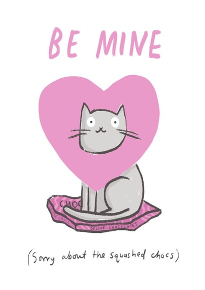 Cute Cat Valentine's card - Be mine cat squashing chocs - pink heart created by Sarah Ray
