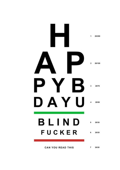 Rude Birthday Card - Eye Test - Happy Birthday U Blind Fucker Can You Read This created by Naughty Nice