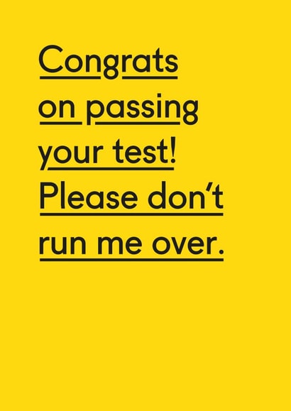 Don't run me over funny driving test card created by Twin Pines Creative