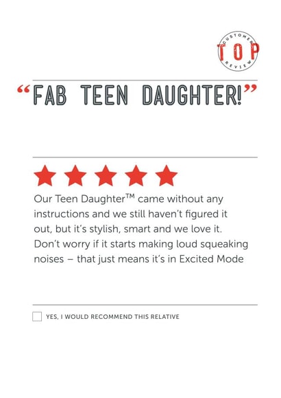 Teenage daughter spoof review card created by Tess Cards