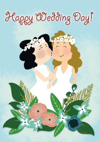 Same sex, female, wedding day card - blue and floral. created by Curtis Allen