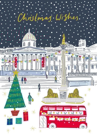 Classic - Pretty - traditional - London - Trafalgar Square - Christmas Wishes - Red Bus - Winter - Christmas Card created by Jessica Hogarth