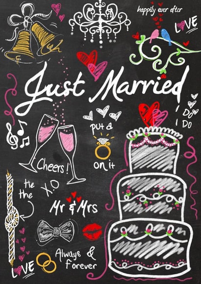 Chalk board 'JUST MARRIED!' wedding card created by Jodi Pedri
