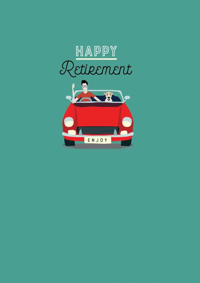 Modern/contemporary Retirement Card, featuring a car/dog design. created by Laura Darrington Design Ltd.