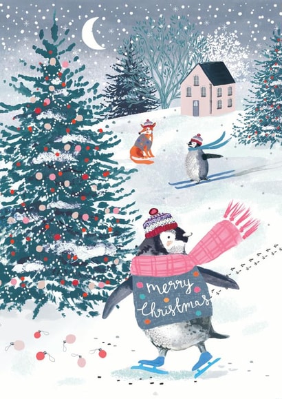 Classic Christmas Card - Penguins - Skating - Winter Scene created by Louise Tiler