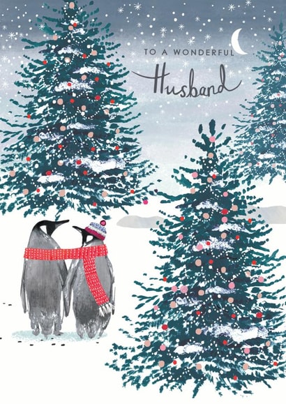 Penguins - Romantic - Cute - Festive - Cuddle - To A Wonderful Husband - Moonlight - Snowing - Christmas Card created by Louise Tiler