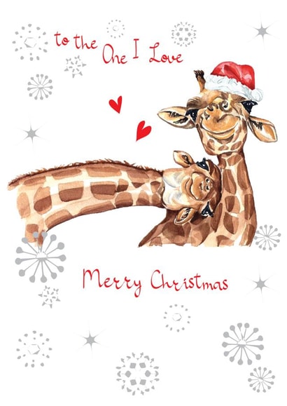 To The One I Love - Merry Christmas Card - Giraffes - Cute - Santa Hat - Animals - Partner created by SABIVO Design by Sabina