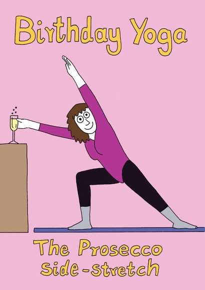 yoga prosecco Birthday Card 1926 created by Off The Leash Cartoons by Rupert Fawcett