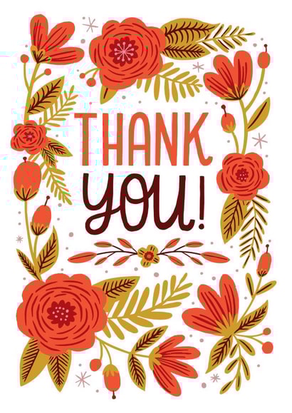 Classic Thank You Card - Red Flowers with Gold Foliage and Friendly Lettering created by Kay Wolfersperger