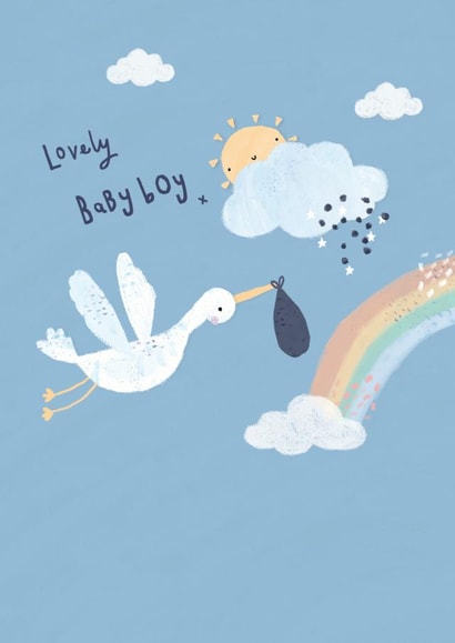 Lovely baby boy stork and rainbow created by Laura Pantony