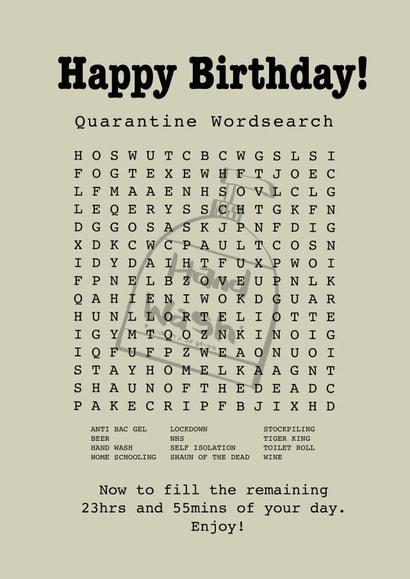 Quarantine/Lockdown Wordsearch Happy Birthday Card created by Funnilyenough