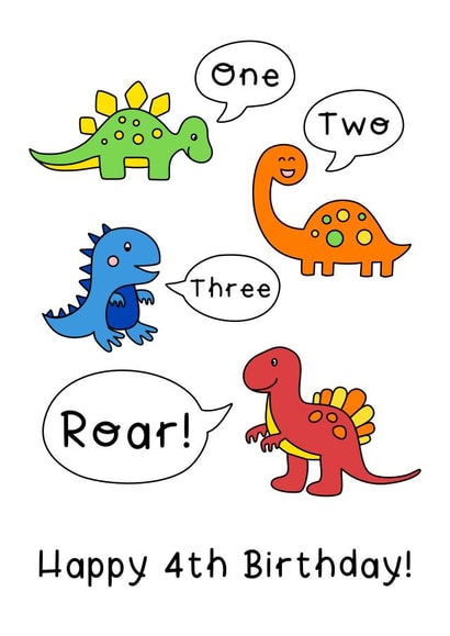 Cute Birthday Card - 4th - Dinosaurs - One Two Three Roar Happy 4th Birthday created by Helen Bicknell