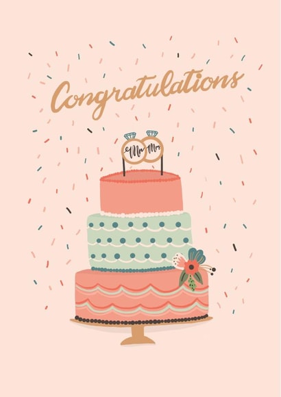Congratulations wedding card - Pink cake and rings created by Studio Peers