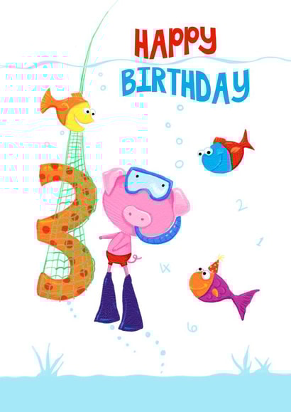 Children's age 3 Snorkel Pig and Fish Birthday card created by Dale Simpson