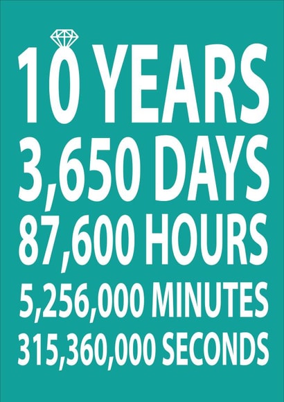 Cute 10 Year Breakdown Typography Anniversary Card - 10 Years - 10 Years, 3650 Days, 87600 Hours, 5256000 Minutes, 315360000 Seconds created by Dottie Mottie