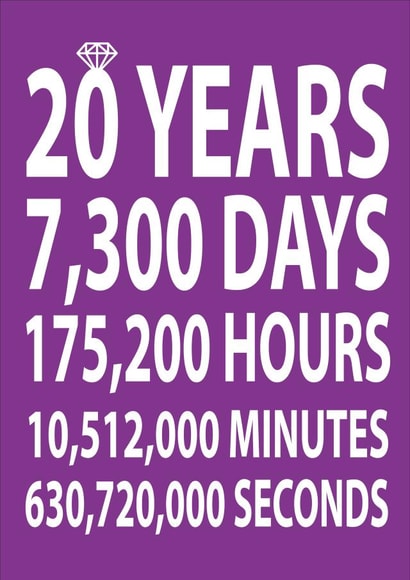 Cute Typography 20th Anniversary Card - 20 Years - 20 Years, 7300 Days, 175200 Hours, 10512000 Minutes, 630720000 Seconds created by Dottie Mottie