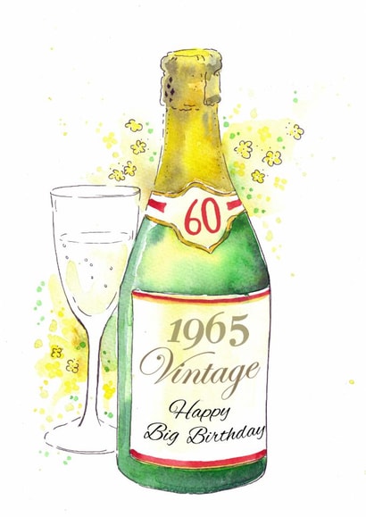 60th Champagne birthday card 2025.  Born in 1965 created by Kate Garrett