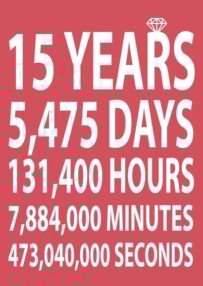 Funny Typography Crystal Wedding Anniversary Card - 15 Years - 15 Years, 5475 Days, 131400 Hours, 7884000 Minutes, 473040000 Seconds created by Dottie Mottie
