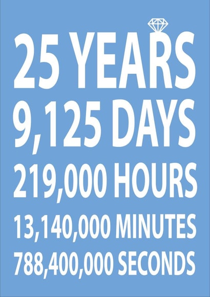 Cute Typography 25 Years Anniversary Card - 25 Years 9,125 Days 219,000 Hours 13,140,000 Minutes 788,4000,000 Seconds created by Dottie Mottie
