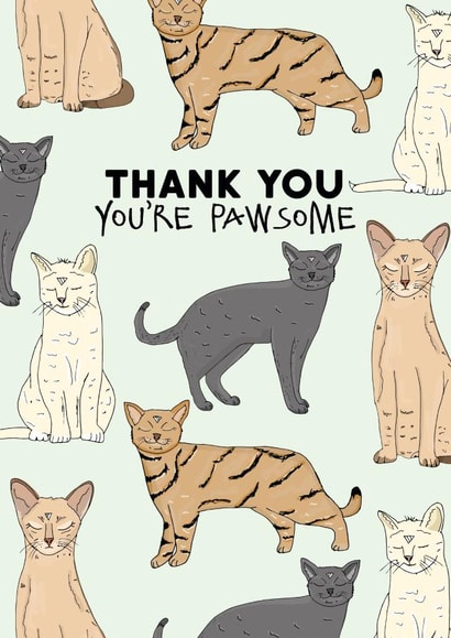 Cute Cat Pun Thank You Card - Cats - Thank You You're Pawsome created by Pearl Ivy