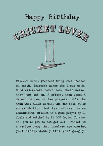 Classic and funny Birthday card for Cricket Lovers created by Coulson Macleod