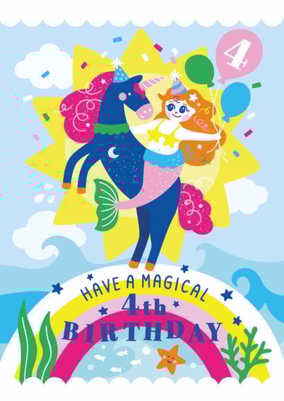 Happy Birthday Cute Mermaid & Unicorn - 4th Birthday - Rainbow Magical Card created by Creative Joy