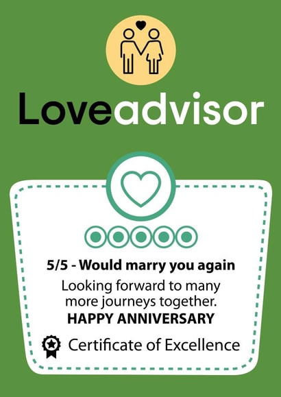 Cute Love Advisor Anniversary Card - Certificate of Excellence - 5/5 Would Marry You Again created by Designer By Lockdown