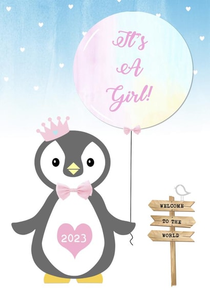 baby, birth, girl, newborn, congratulations, cute, animal, penguin, 2023 created by Little Letters with Love
