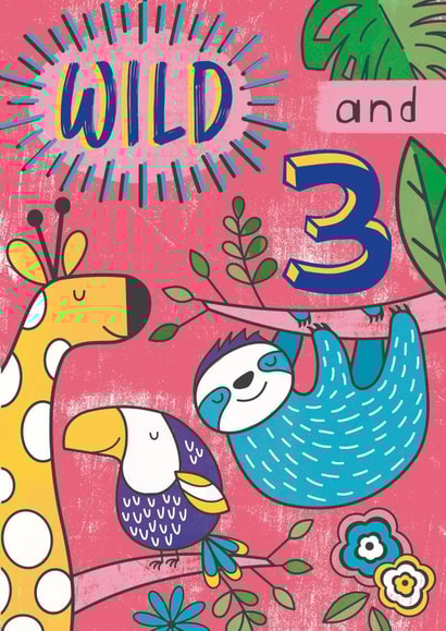 Totally Wild Age 3 Jungle card for Children in bright pink. created by Dinky Rouge