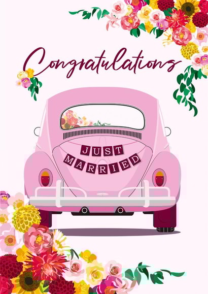 Wedding Congratulations Card with Classic VW Beetle Wedding Car & Pretty Flowers created by Diva Doodle Designs