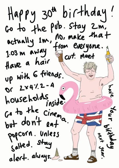 Social distancing rules Boris 30th birthday card created by Eat the Moon