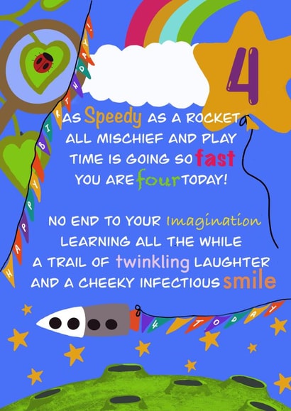 Quirky 4th birthday card poem created by Rae of Sunshine