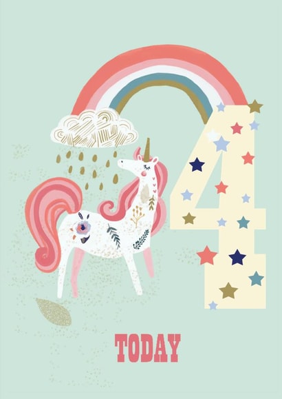 Rainbow and unicorn 4 year olds birthday card created by Sally Darby Illustration