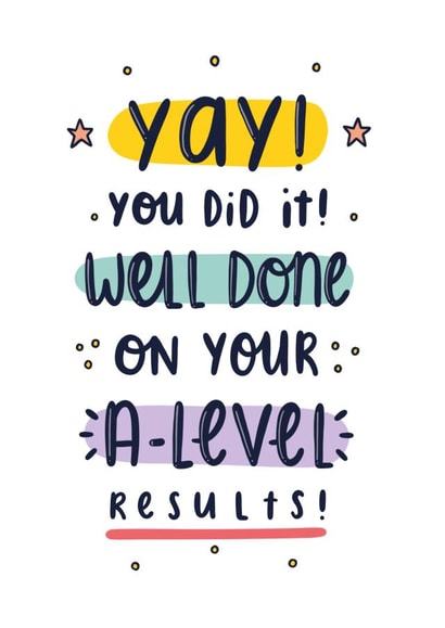 A-Level Exam results card created by Joanne Hawker