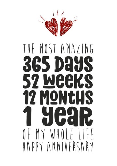 Cute 1 Year Anniversary Card - The Most Amazing 365 Days 52 Weeks 12 Months 1 Year Of My Whole Life created by Waffle & Faff