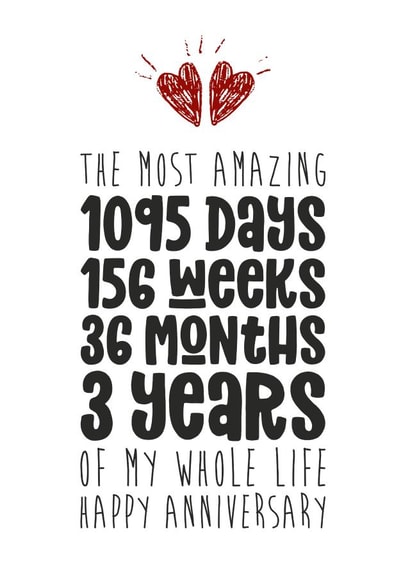 Cute Countdown Anniversary Card - 3 Years - The Most Amazing 1095 Days Of My Whole Life created by Waffle & Faff